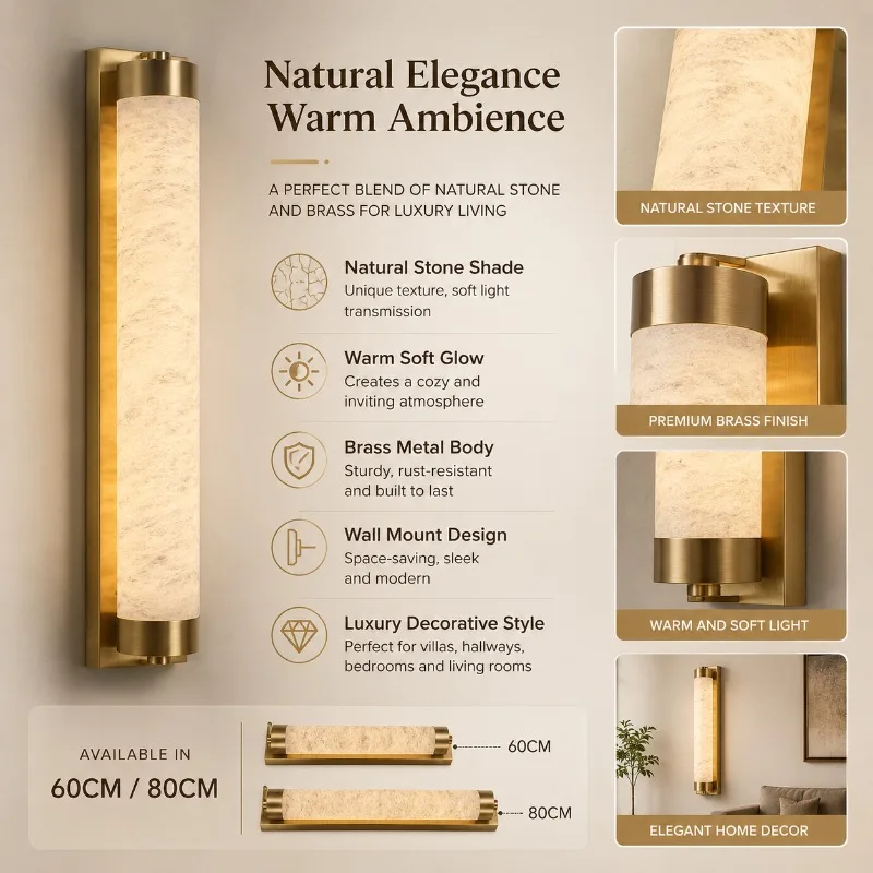 Light Luxury Natural Marble Wall Sconce with Brass Frame Long Strip Decorative Wall Lamp for Villa Bedroom Living Room Outdoor