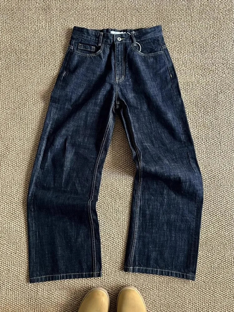 

Deep Blue Wide Leg Men's Jeans American Retro Original Blue Loose Straight Micro Flared Trendy Jeans Youth Wear Casual Sle