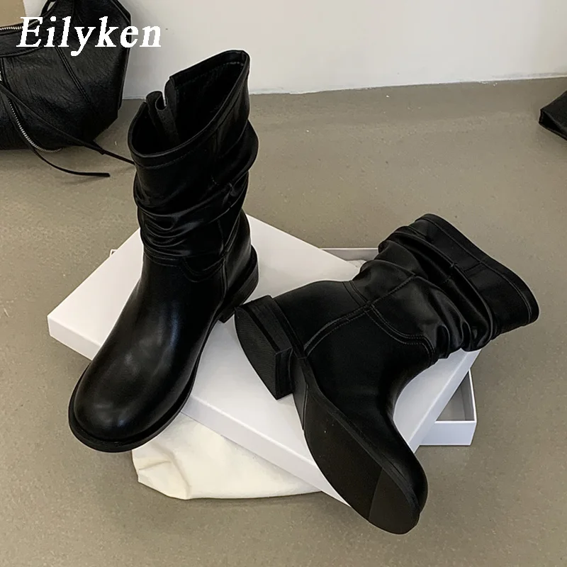 Eilyken Vintage Pleated Ankle Boots Women's Belt Buckle Short Boots Round Toe Low Heels Designer Casual Ladies Botines De Mujer