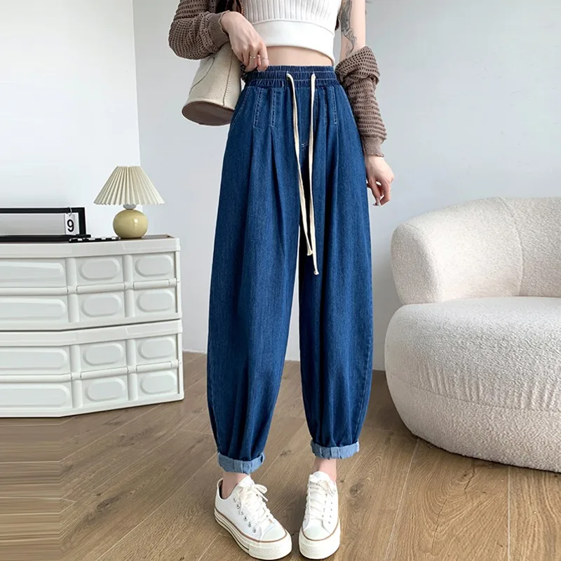 

100% Cotton Women Casual Jeans New Arrival 2024 Autumn Simple Style Basics Loose Female High Waist Denim Harem Pants W1897