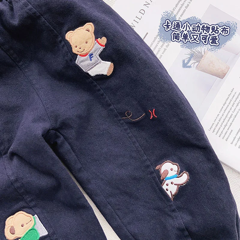 Spring New Baby Boys Woven Pants Cartoon Cute Cotton Childrens Boys Pants Embroidery Bear Closed Toddler Boys Casual Pants