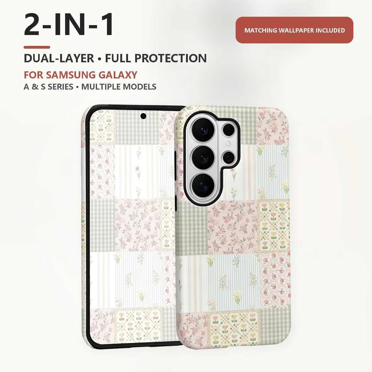 Vintage Patchwork Quilt 2-in-1 Dual-Layer Phone Case for Samsung Galaxy S26 S25 S24 Plus Ultra FE S20 FE A56 A17 A16 A15