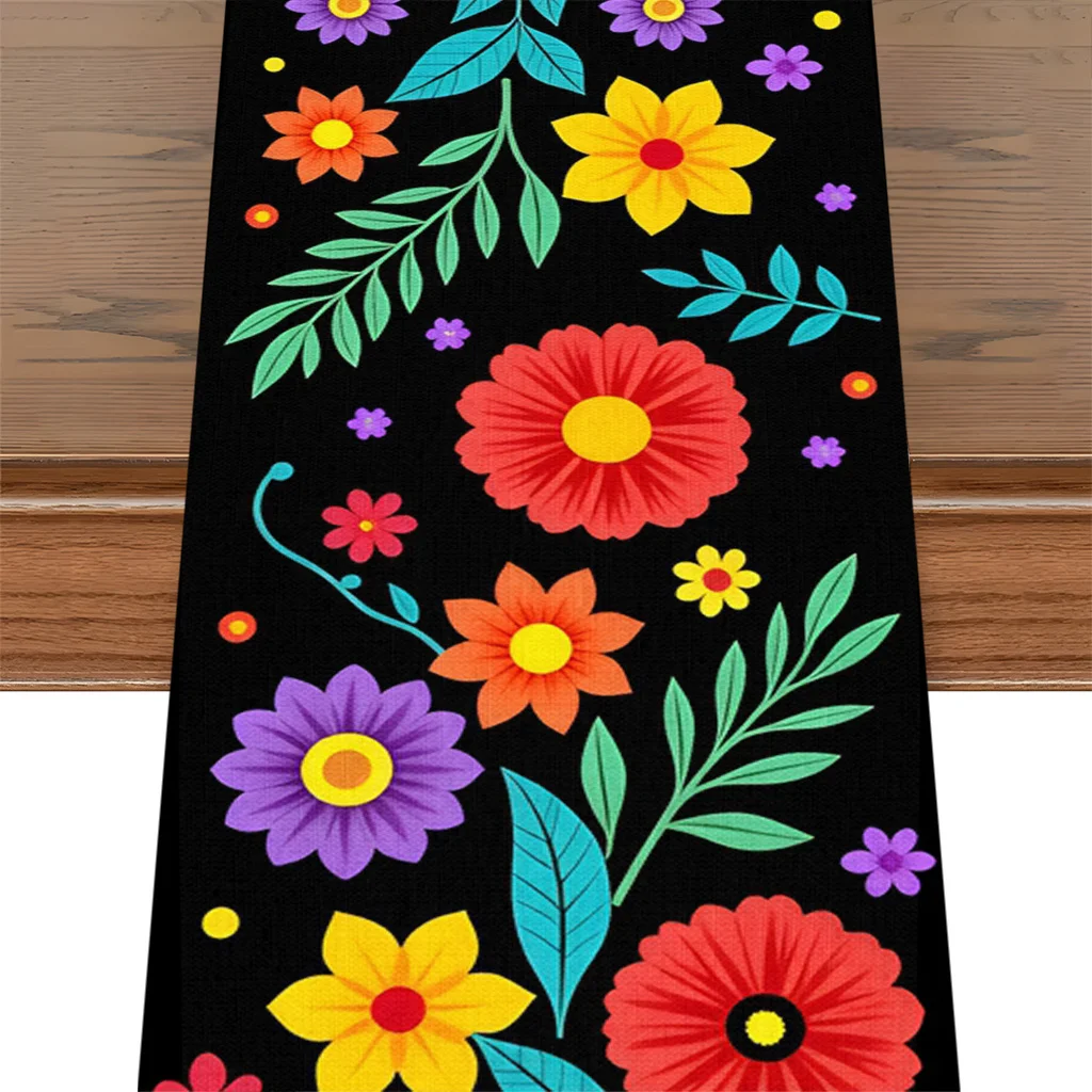 Bunter Blumen-Tischläufer mit Ringelblumen und Zuckerschädeln, Fiesta-Party-Dekoration, Mexikanischer Tag der Toten Tischläufer, Heimdekoration – Detail 6