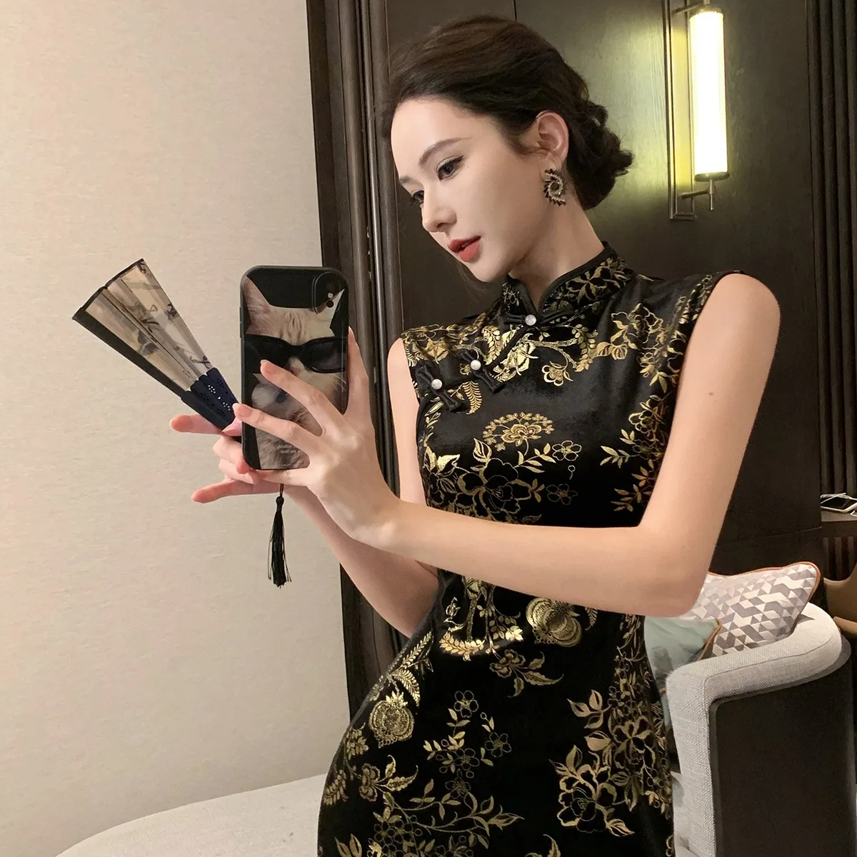 Ele Velvet Retro Qipao Dr Slimming No-Sve فتحة عالية متوسطة الطول للنساء في 20s و30s Sle الصينية