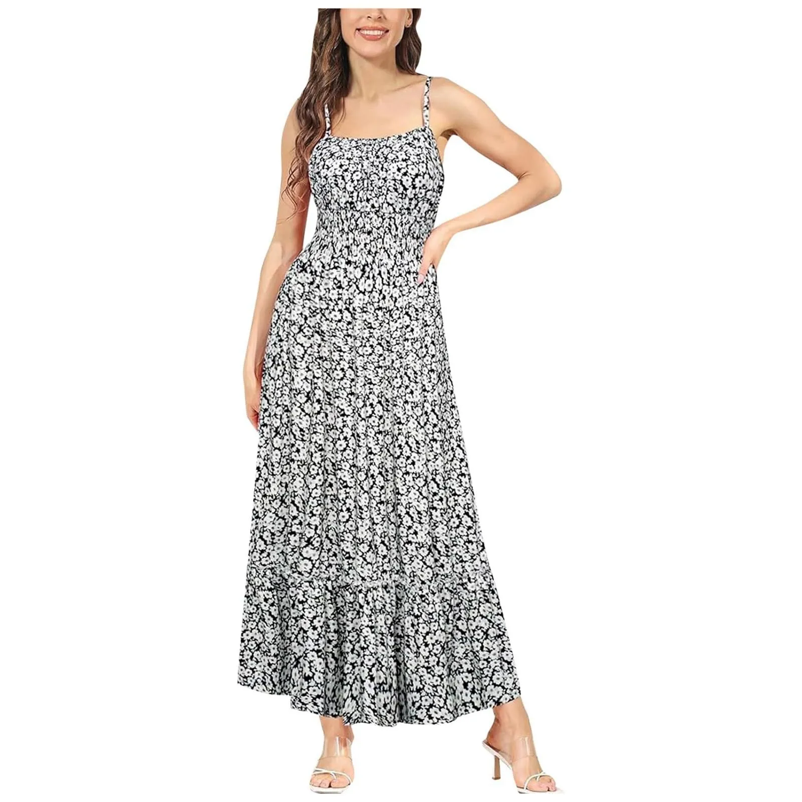 Womens Summer Maxi Dress Sleeveless Floral Spaghetti Strap Smocked Boho Beach Long Dress Beachwear For Vacation Women's Dress