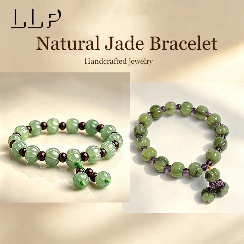 

Natural Green Dongling Jade Pumpkin Beaded Bracelet Handmade Lucky Healing Crystal Jewelry for Women Men Gift
