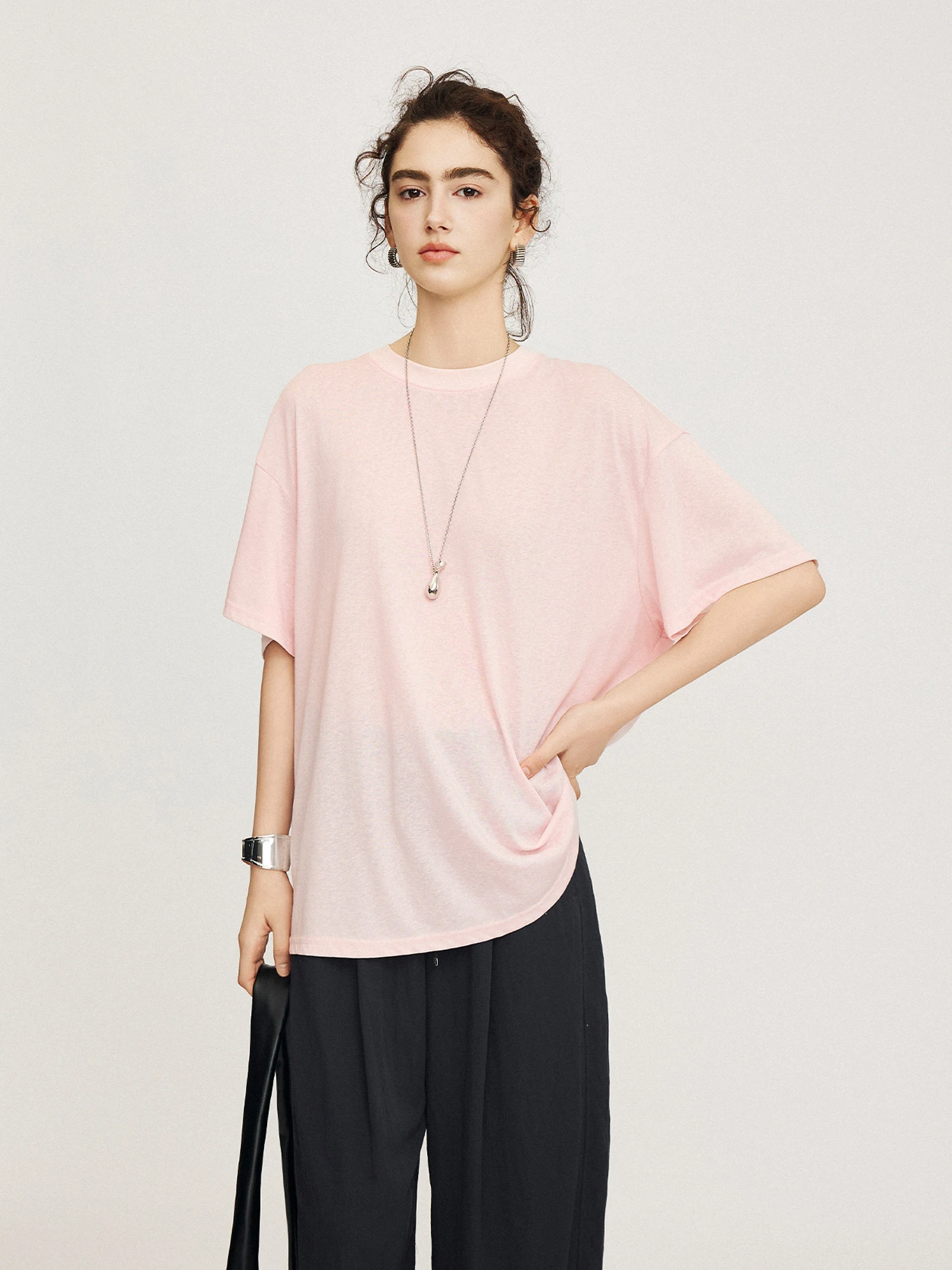 

CLMX Summer Loose Fit Pure Color T-irt Women's Skin-friendly Cotton Lyocell Blend Fabric Hollow out Ba Top round Ne o...