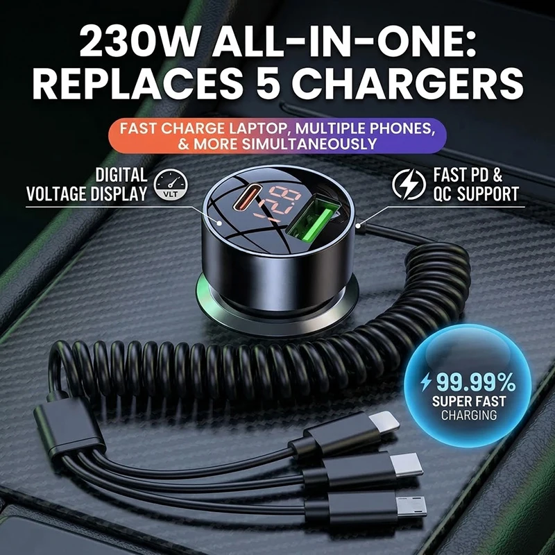 3-in-1 Coiled Car Charger with Retractable Cable, Fast Charging PD QC For Devices Laptops, LED Digital Voltage Monitor Display