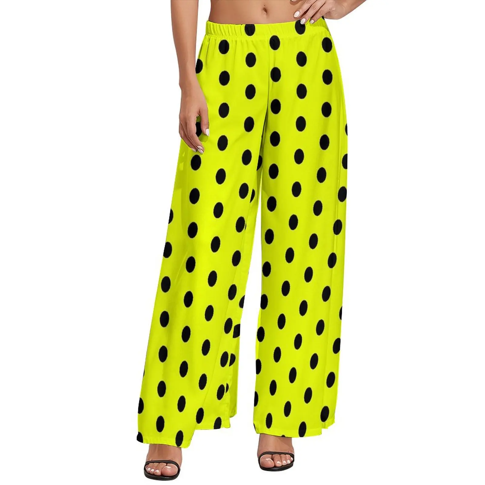 

Black Polka Dots Pants High Waisted Vintage Print Casual Trousers Beach Graphic Wide Pants