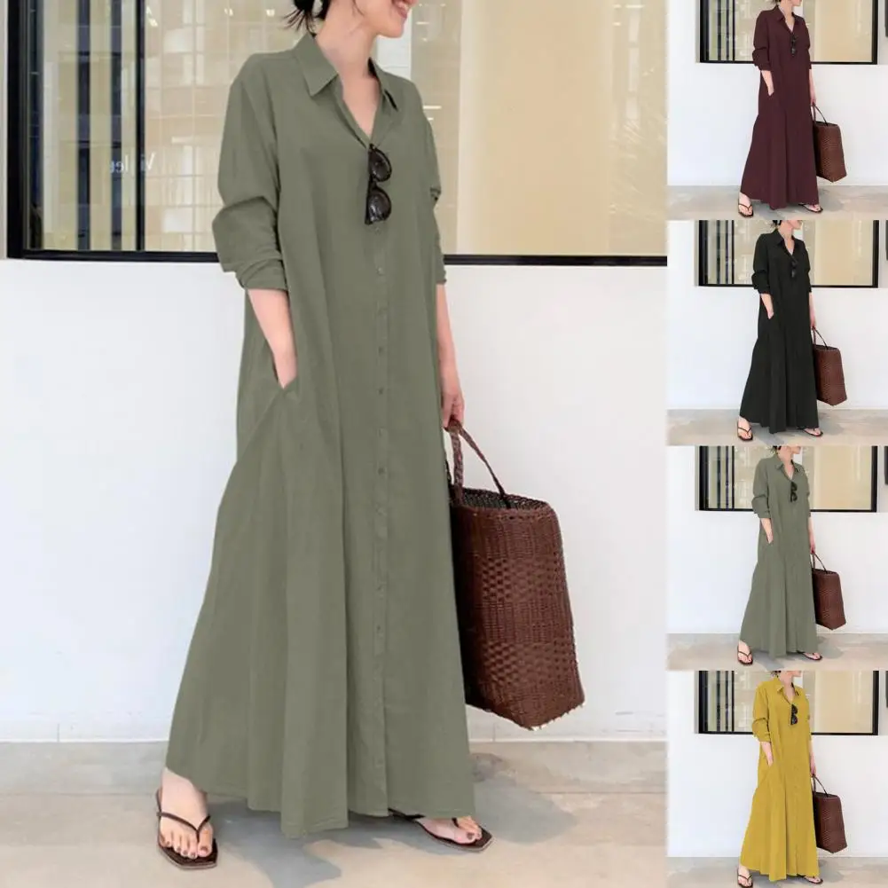 2024 Elegant Pockets Shirt Green Dress Chic Long Sleeve Single-breasted A-line Cotton Dresses Femme Casual Autumn Vestidos