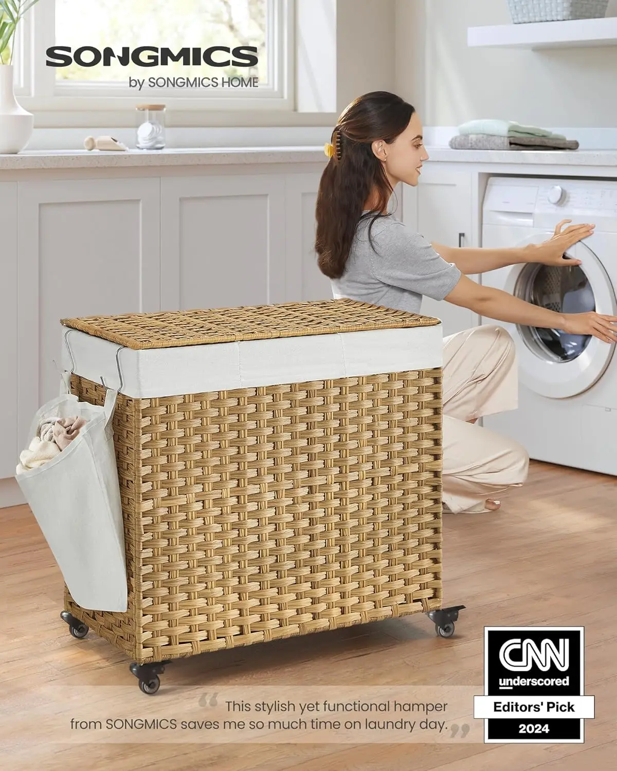 Hamper with Lid, 42.3 Gallons (160 L), Rolling Laundry Basket with Wheels, 3-Section Synthetic Rattan, Removable Liner, Bedroom,