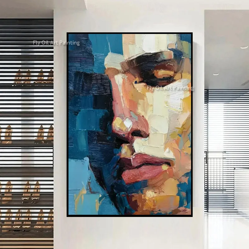 Abstract Blue Beige Men Face Canvas Thick Wall Art For Home Decor New Hand Drawn People Portrait Oil Painting Simple Artwork