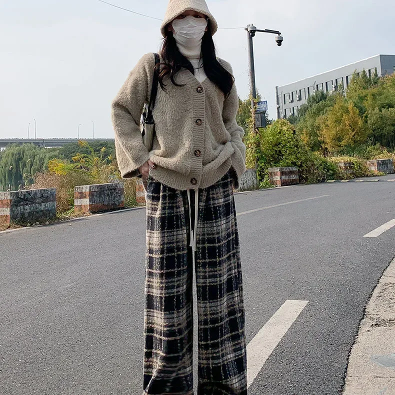 

Cerulean Blue Green Plaid Women's Pants High-Waisted Draped Bell Bottoms Fleece-Lined Casual Trousers Autumn Winter 2024 New Mod