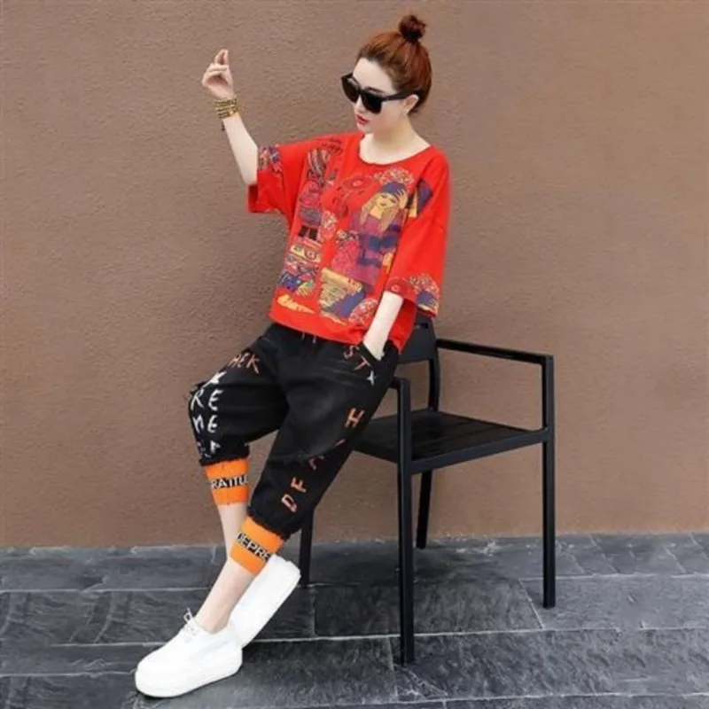 Women\'s Suit Summer Short Sleeved T-shirt And Harem Calf-Length Pants 2022 New Fashion Korean Loose Leisure Sports Two Piece Set