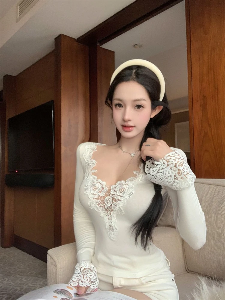 

Women’s Long Sleeve Blouse with Heavy Embroidery Lace Trim Flared Sleeve V Neck Top for Autumn Winter Casual Chic Layering