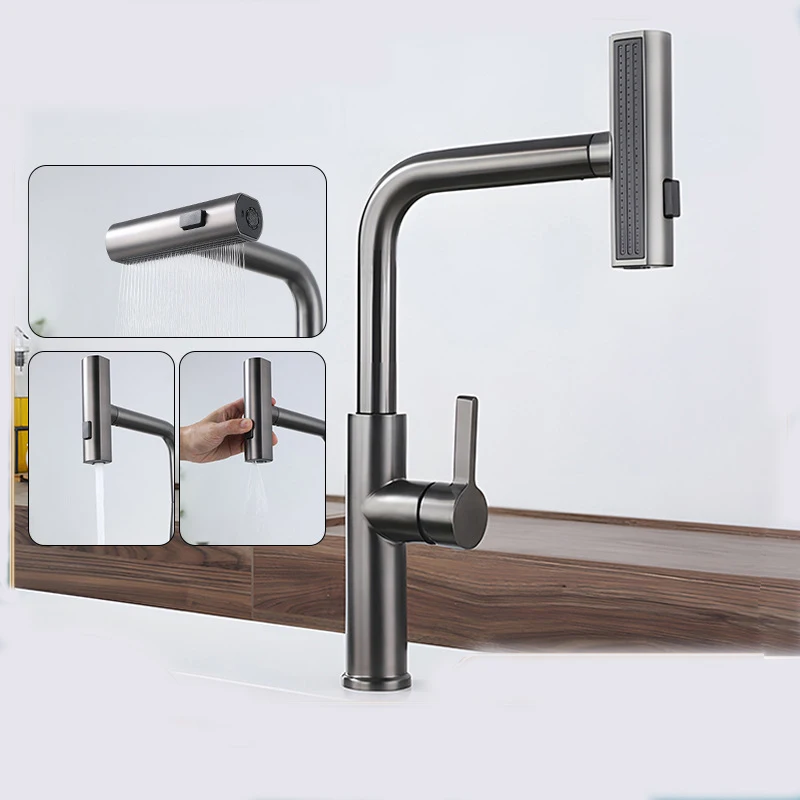 

Pull-Out Waterfall Kitchen Faucet Kitchen 304 Stainless Steel Hot and Cold Faucet Sink Faucet Single Hole Pull-out Sprayer