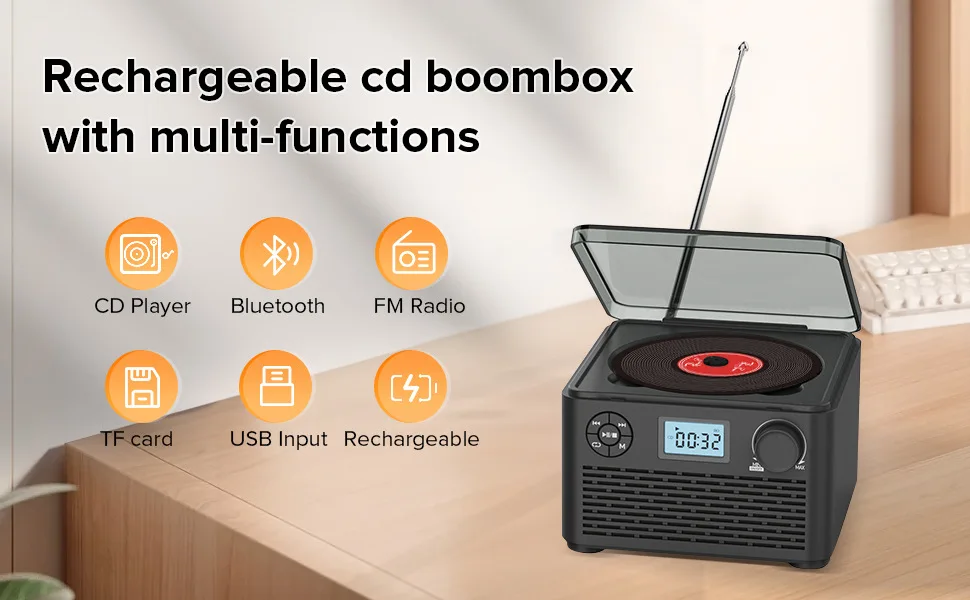 Lecteur CD Multifonctionnel avec Bluetooth Rétro Hi-Fi, Son Stéréo, Boombox, Radio FM, Rechargeable, Musique à Domicile