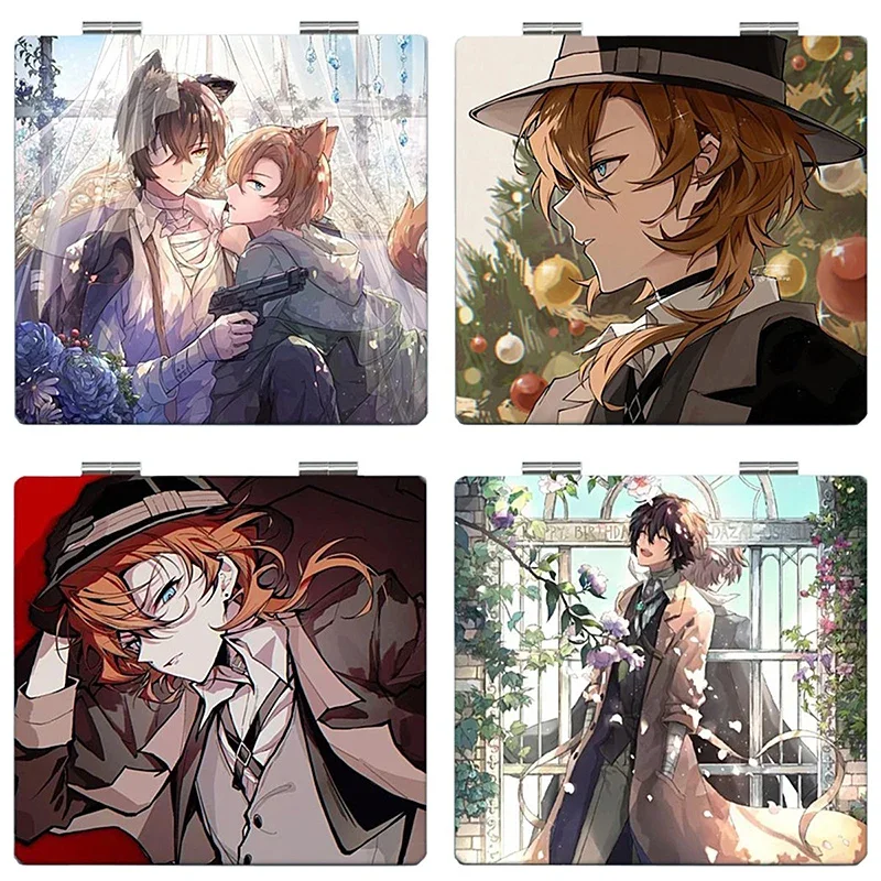 7 × 6 cm Bungo Bungou Stray Dogs, espelho de maquiagem dobrável dupla face, anime fofo, viagem portátil, mini, meninas, ampliação, quadrado