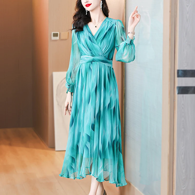 

2024 New Summer Women Print Flower V Neck Spring Long Sleeve Fashion Vintage Office Chiffon Pafty Holiday Dresses