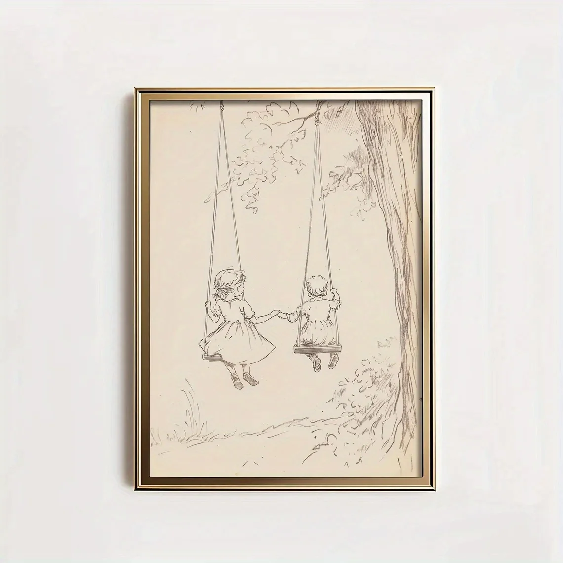 1pc, Wall Art, Vintage Poster, Children Swinging Art Print, Whimsical Beige Canvas Painting, Unique and Creative Wall Aesthet