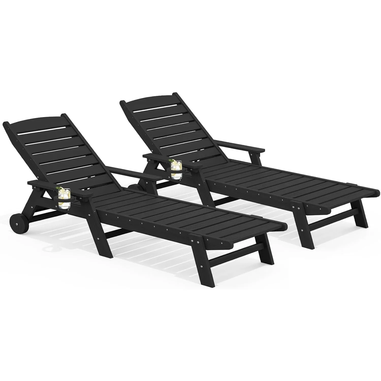 

2 sets of leisure chairs, 78 inches long, 5 positions, adjustable HDPE outdoor, with rollers and cup holders, obsidian color