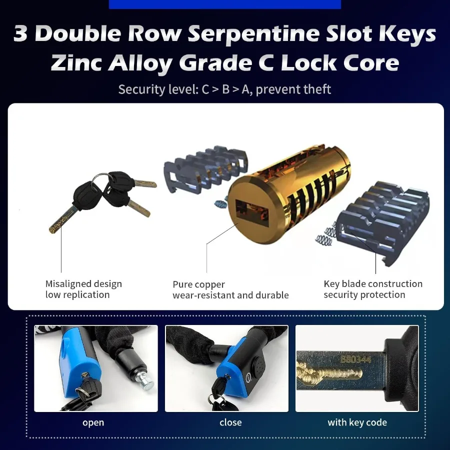 آمنة 80db إنذار 4ft 120 سنتيمتر طويلة مكافحة سرقة الثقيلة دراجة نارية سلسلة قفل 3 8 ''10 مللي متر سميكة الطقس برهان سلاسل دائمة مع 3