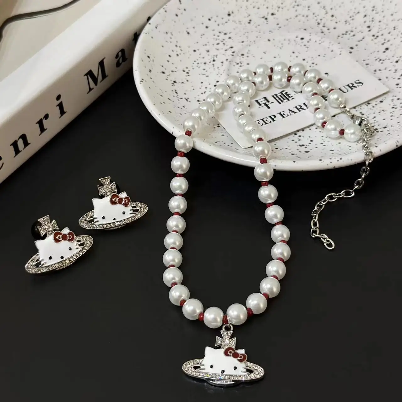 2024 New Saturn Hello Kitty Earrings Anime Cute Bow Planet Light Luxury Senior Pearl Necklace Woman Christmas Birthday Gift