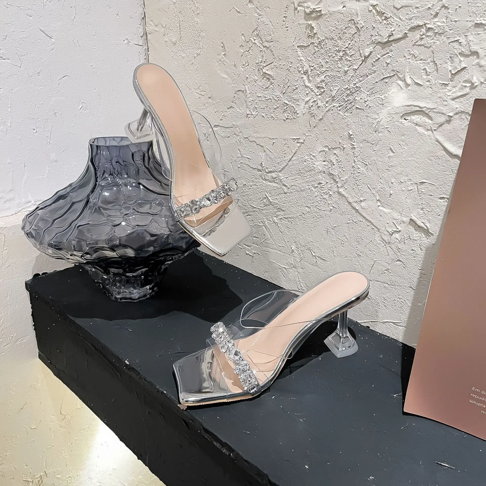 Transparent sandals, women's high heels, rhinestones, fairy style, 2024 new summer European and American high heels