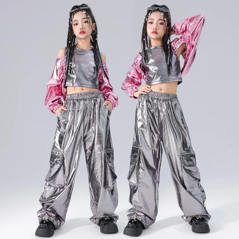 2024 Trend Girls Clothes Jazz Dance Costume Glossy Pink Silvert Suit Hip Hop Performance Outfits Kids Competition Wear BL14035