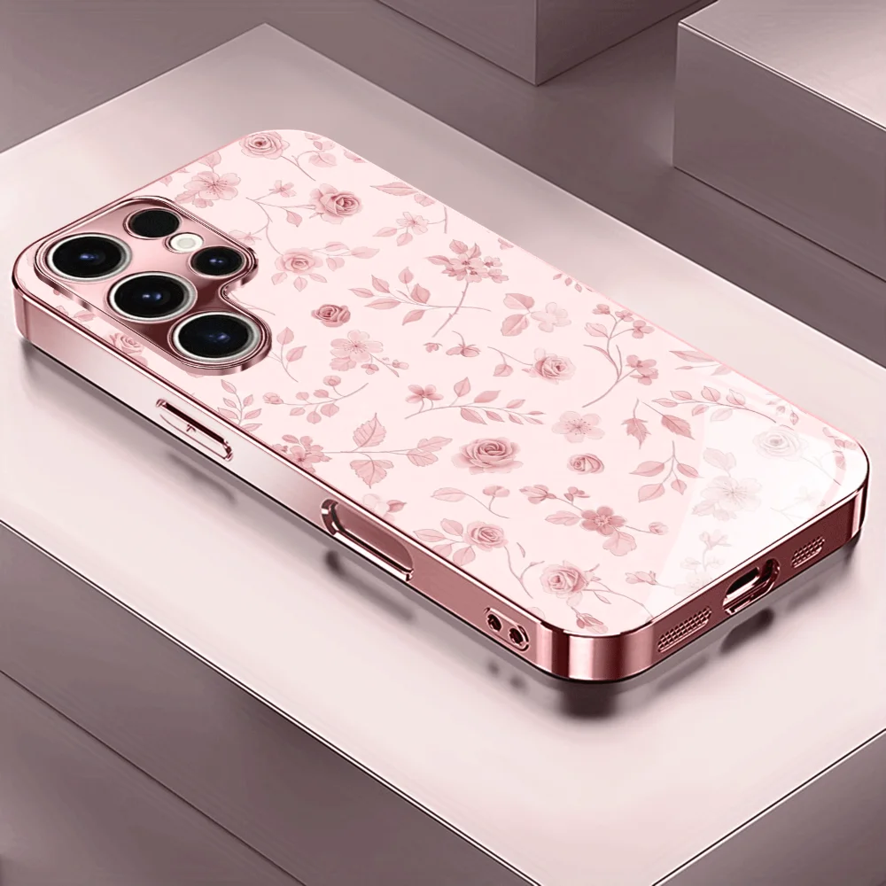 Premium floral pattern pink glass phone case suitable for Samsung Galaxy S26 S25 S24 S23 S22 S21 S20 FE/Ultra/Plus anti drop