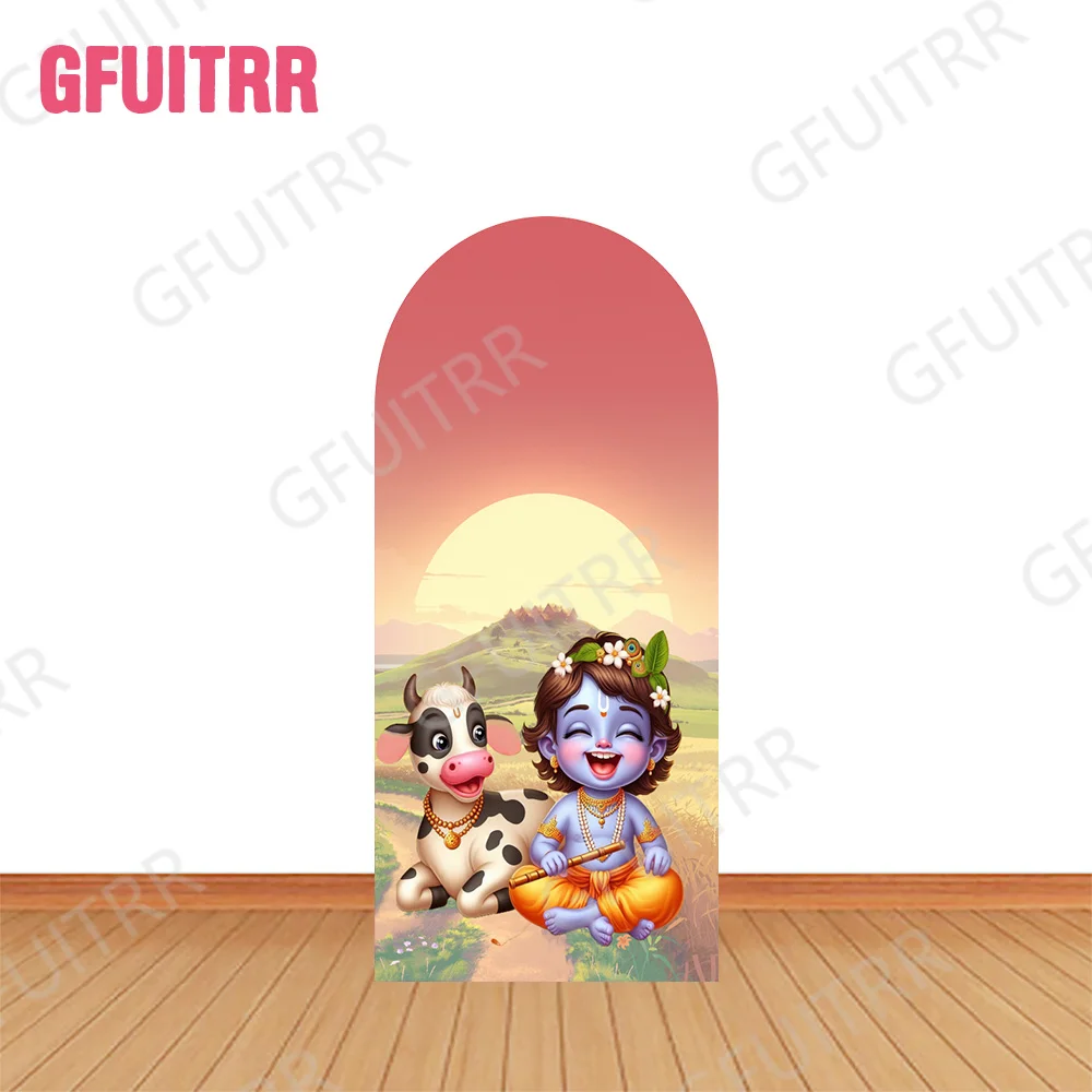 خلفية صورة على شكل قوس من Krishna، أغطية خلفية لطيفة على شكل رسوم متحركة ياسودها وكريشنا لتزيين الحفلات بنمط الدين الهندي