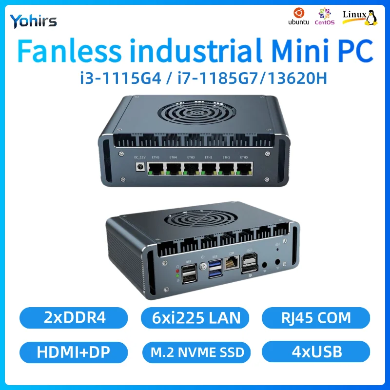

13th Gen Firewall Router i7 13620H 1185G7 i3 1115G4 DDR4 M.2 NVME USB3.0 6xi226 2.5G LAN PfSense OPNsense Proxmox Fan Mini Pc