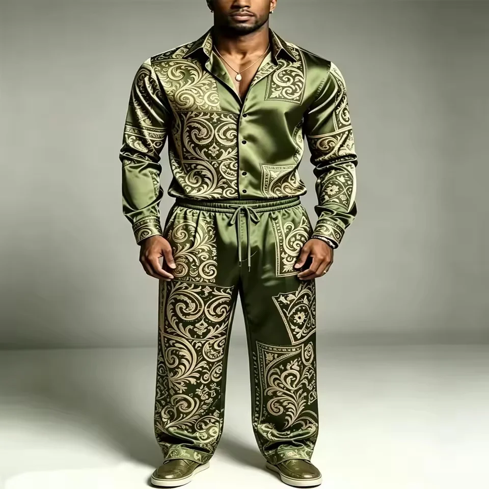 New Men's Two Piece Satin Silk Set Long Sleeve Paisley Printed Shirt and Elastic Waist Pants High end Gold Party Wedding Casual view 5