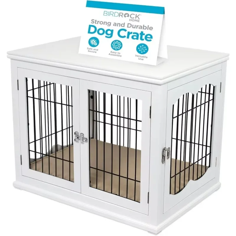 Small Pet House, Double Door Indoor Crate, Engineered Wood & Wire Furniture, Side Table & Nightstand, Fits Small Dogs - White