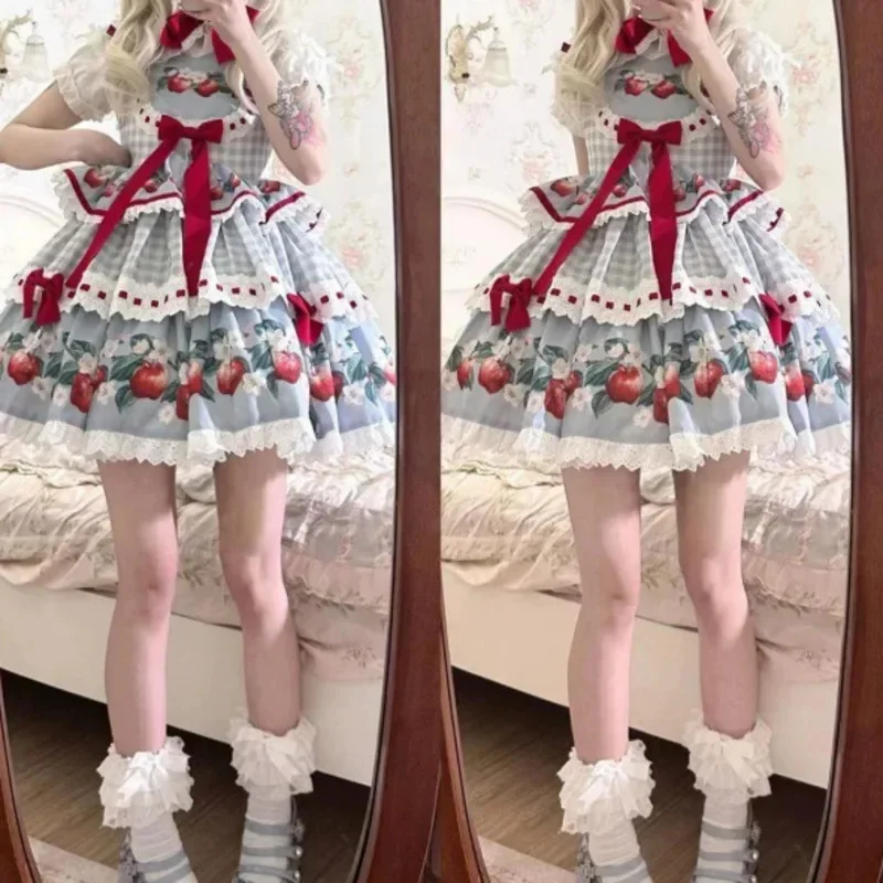 Bow Lolita Strawberry Puff Skirt Summer Retro Countryside Girl Cute Montage Street Square Collar Waist Short Skirt Stylish 2025