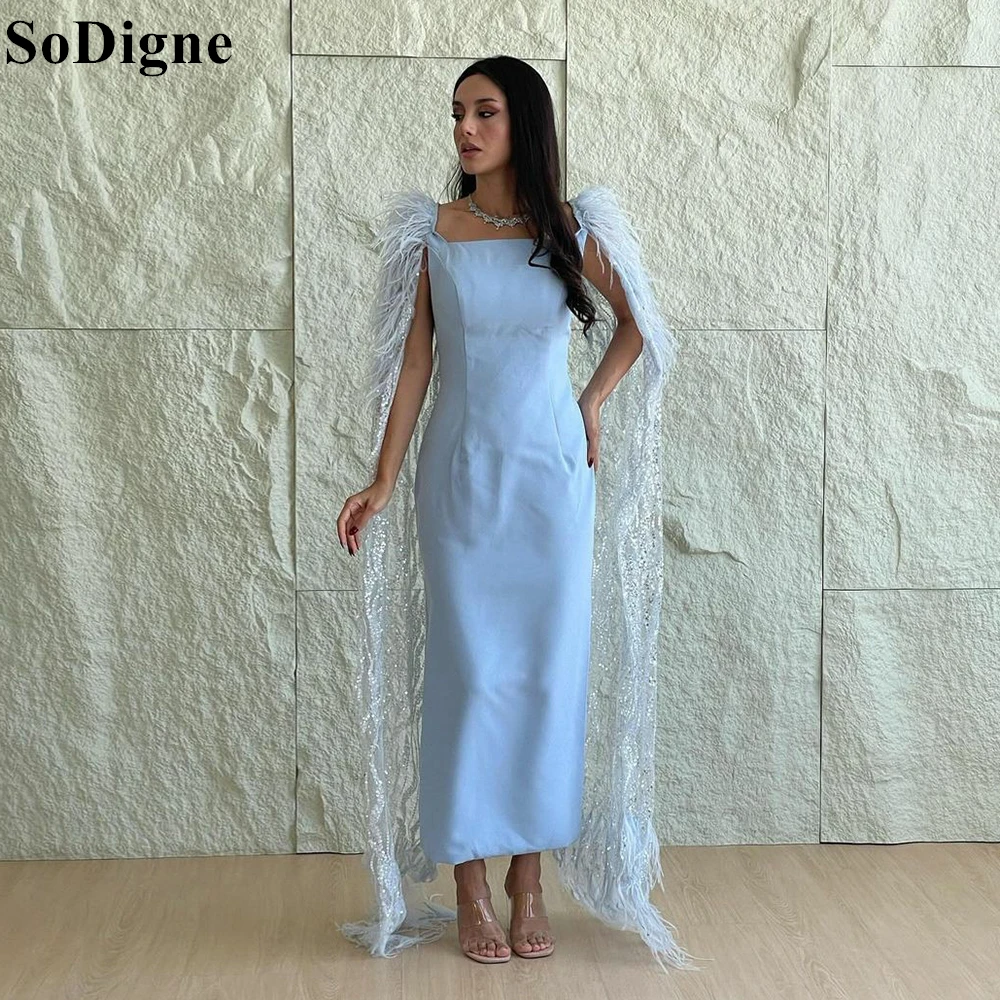 

SoDigne Elegant Sky Blue Evening Dresses Square Neck Mermaid Feather Cape Ankle Length Party Dress 2024 Prom Gowns Customized