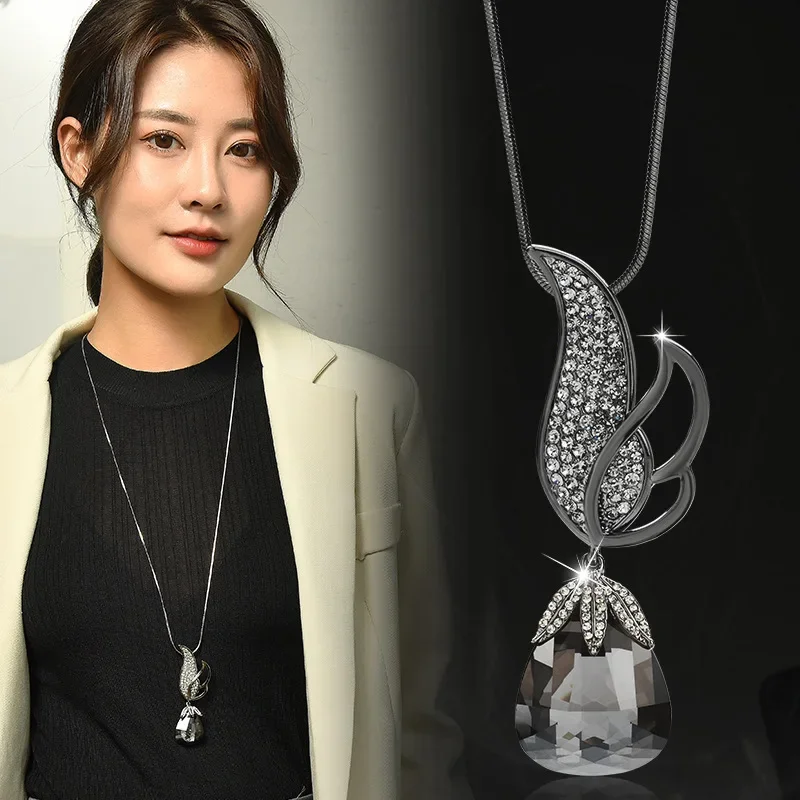 Совершенно новая персонализированная цепочка для свитера с кристаллами для женщин, длинный кристалл капли воды на осень и зиму, универсальное ожерелье с крыльями