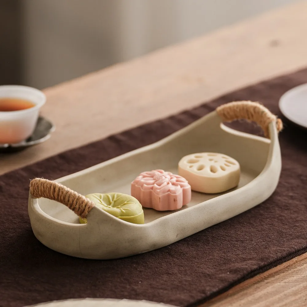 Matte Ceramic Serving Tray with Rope Handles Irregular Long Shape Fruit Snack Platter Rustic Style Storage Dish for Table Decor