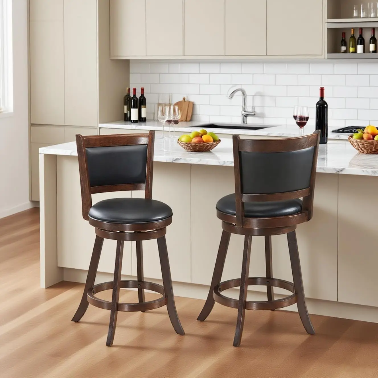 

Поворотные барные стулья диаметром 24 дюйма со спинкой, каучуковое дерево, коричневый, набор из 2 шт.