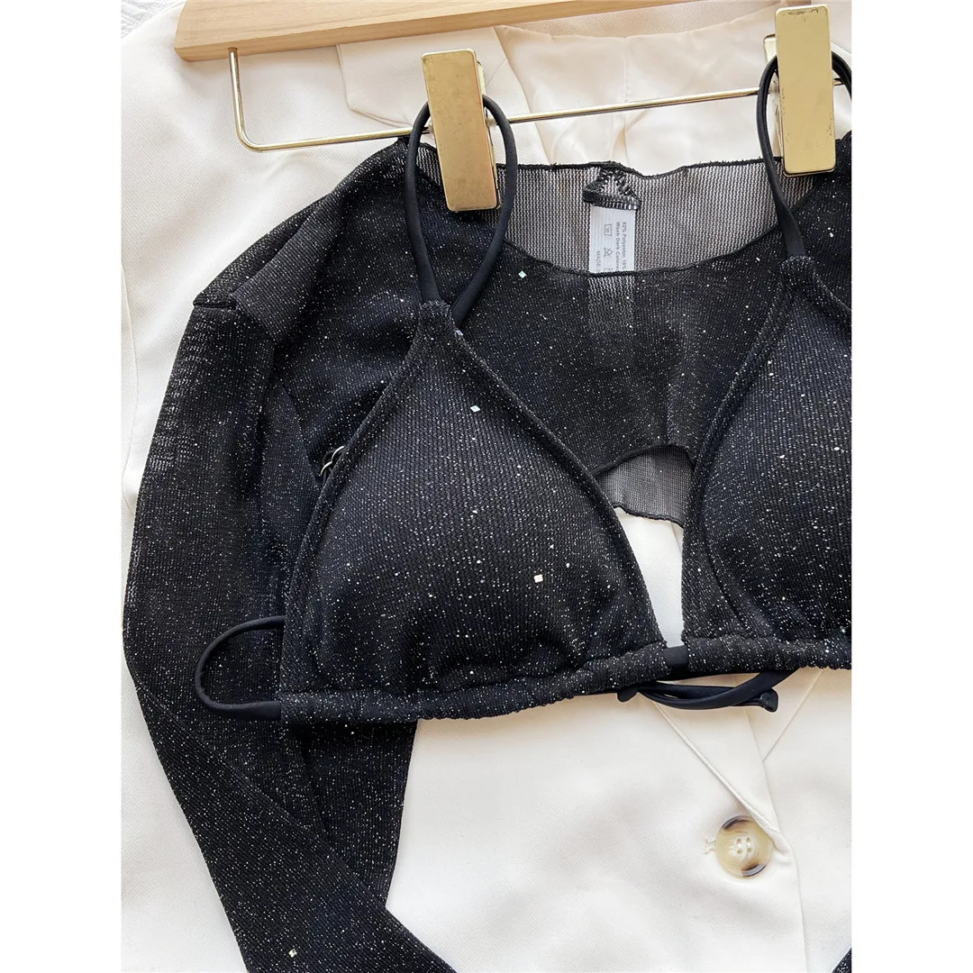 Sexy Bikini mit langen Ärmeln, glitzerndem Design, Damen-Badeanzug, dreiteiliges Bikini-Set, Badebekleidung, Badeanzug, Modell V3711. – Detail 15