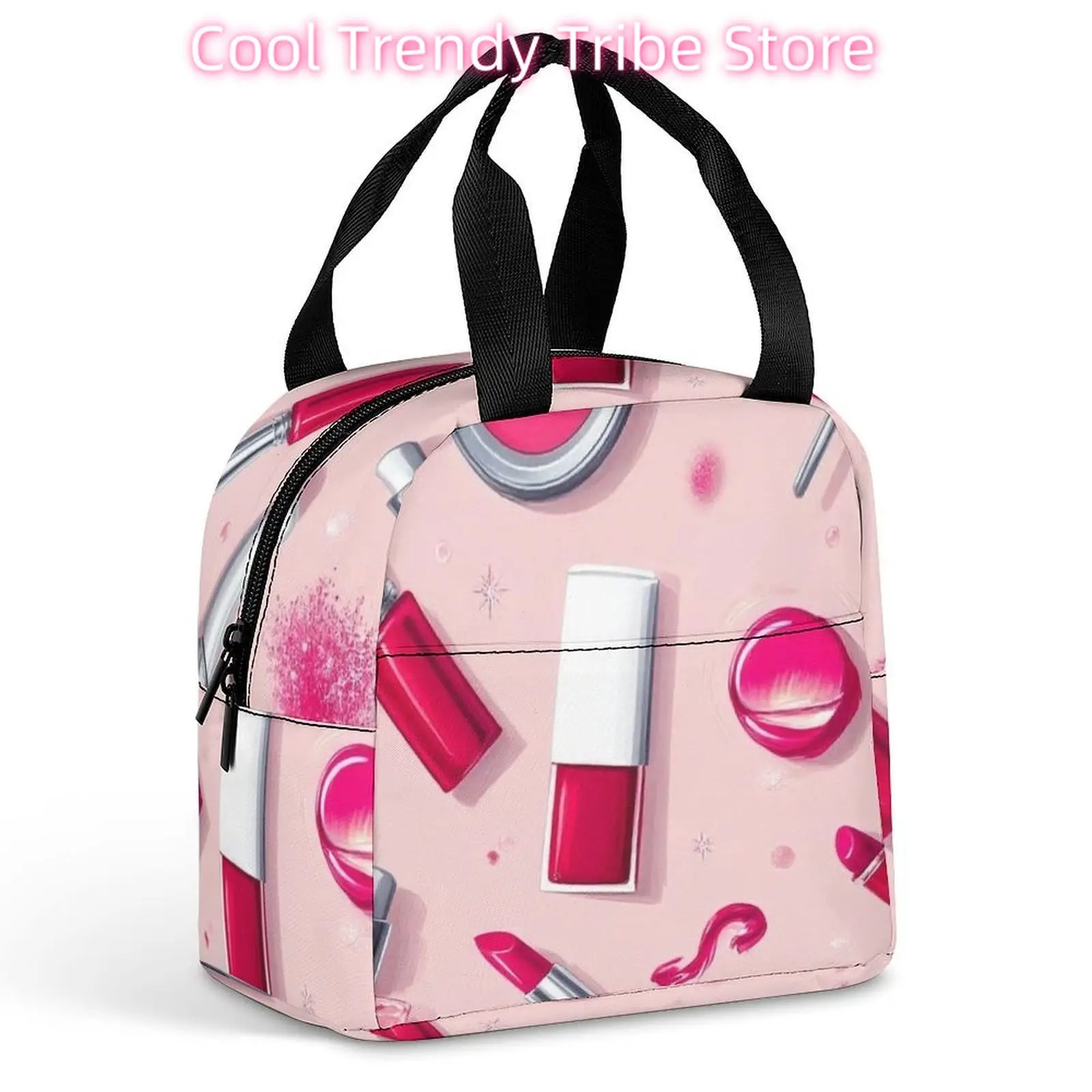 Women's Large Capacity Lunch Bag Heat Preservation Portable Meal Bag Modern Lady Girly Cosmetic Perfume Lipstick Pink