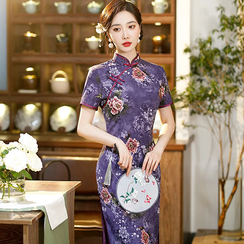 2023 Summer Mid-length High Slit Purple Cheongsam Flower Peony Modified Chinese Traditional Style Evening Dress Qipao for Women