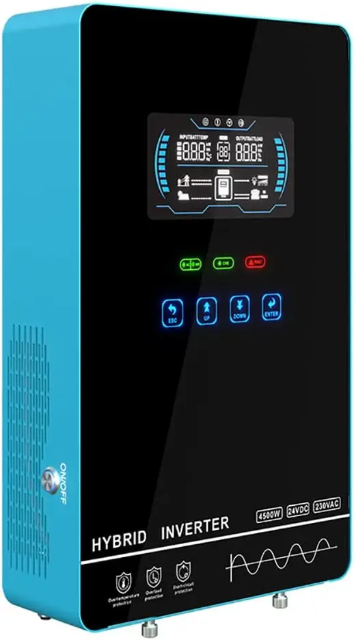 

Гибридный солнечный инвертор 4000 Вт, DC24V 120VAC, чистая синусоидальная волна, запуск без аккумулятора, встроенный MPPT-контроллер 140А, сенсорный ЖК-дисплей 6.25 дюйма