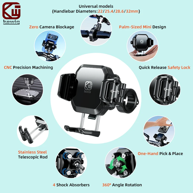Kewig M33P-C Mini Motorcycle Phone Holder With Vibration Dampener Anti-Theft Phone Mount For Motorbike Bicycle Bike Scooter