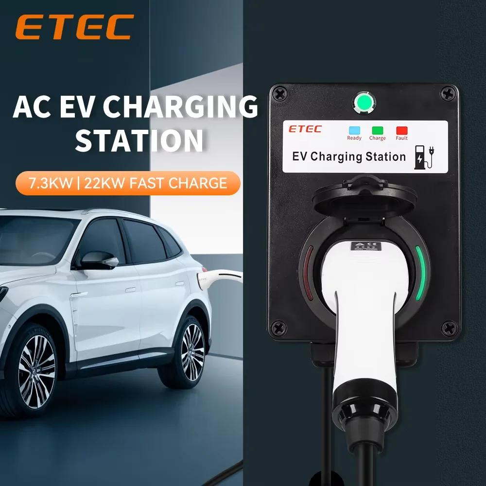 

ETEC Home EV Charger Station Wallbox with Socket Electric Car Type 2 Plug 22kW 32A 3 Phase Modbus RTU LCD RFID Card AC 220V 230V