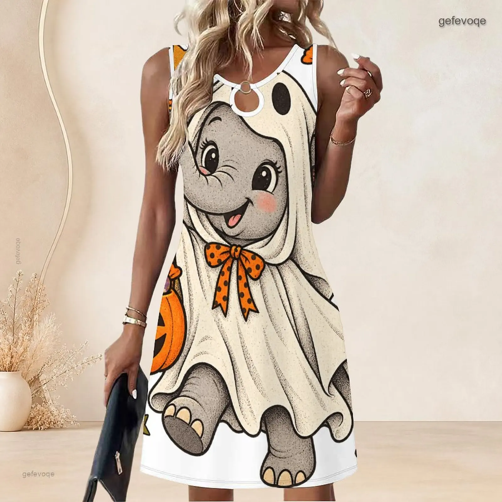 Women Sleeveless A Line Mini Dress O Ring Keyhole Neckline Loose Swing Short Dress Custom Print Ladies Casual Daily Dress