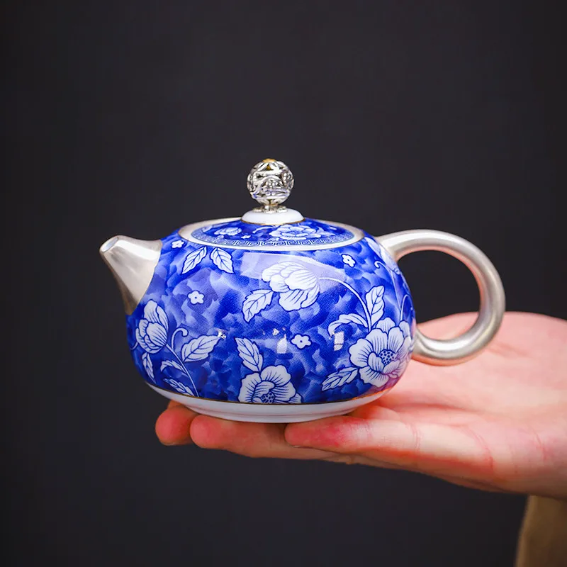 |gilt silver blue and white tea set teapot Xishi pot fair uniform cup tea cup health care household high-grade tea maker