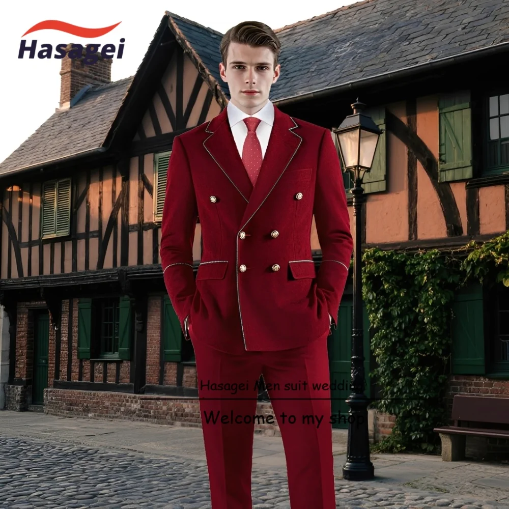 

Men's Velvet Suit 2 Pieces Groom Tuxedo Slim Fit Set Double Breasted Jacket Pants Gold Buttons Men Suits