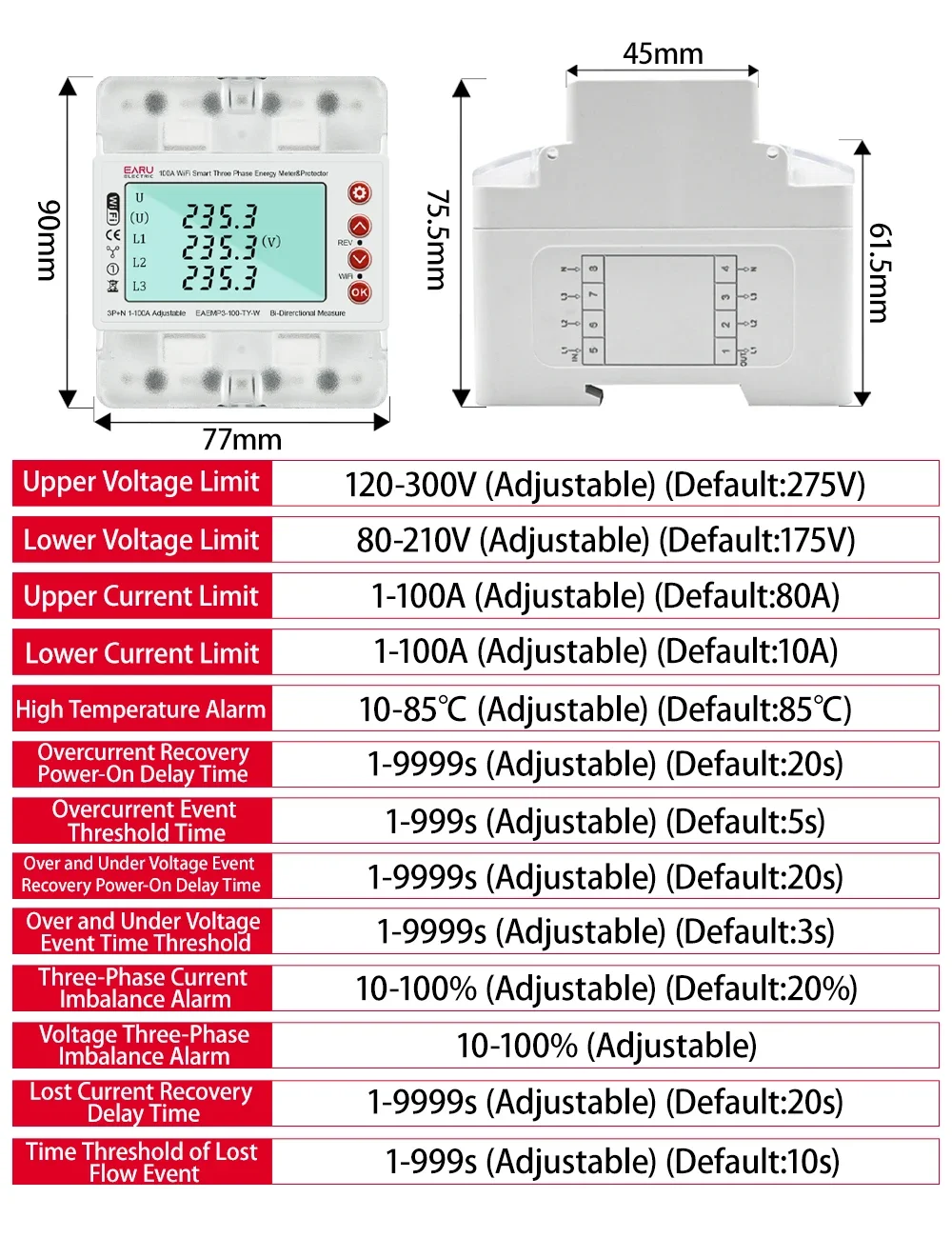 Imagem -02 - Inteligente Bi-direcional Energia Medidor Medidor de Kwh sobre sob Tensão Protector Interruptor de Relé Limite de Corrente Phase 380v 100a Tuya Wi-fi