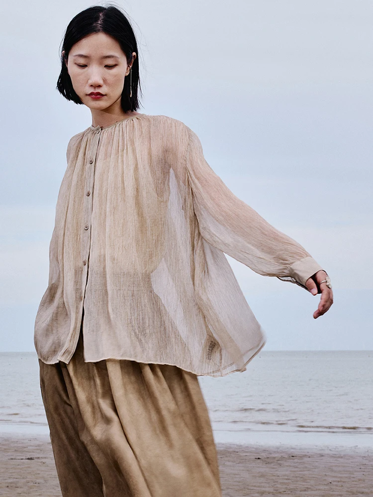 

Loose Long Sve Silk irt Women's Sun Protection Loose Fit Dyeing Texture Casual Silk 00% round Ne Button up irt